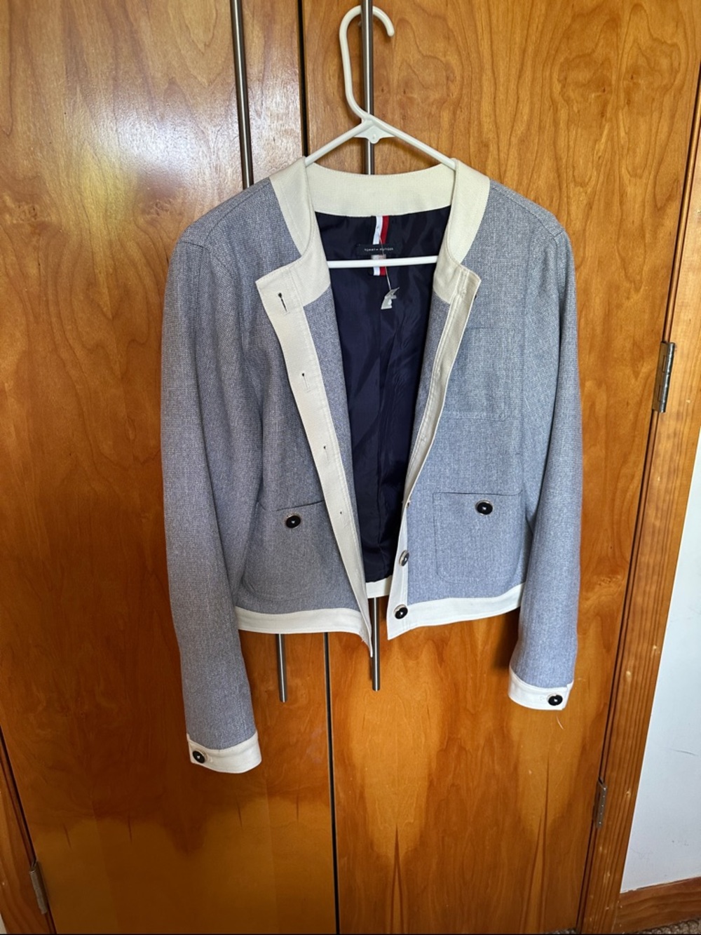 Tommy Hilfiger Light Blue and White Cropped Blazer